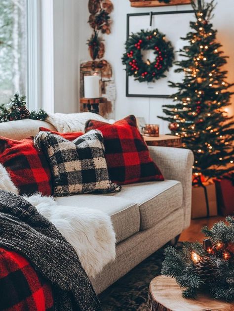 Buffalo Plaid Christmas Decor Ideas for a Cozy, Rustic Holiday Buffalo Plaid Living Room Christmas, Buffalo Plaid Christmas Decor Ideas, Plaid Christmas Decor Ideas, Plaid Living Room, Lodge Christmas Decor, Buffalo Plaid Table Runner, Buffalo Plaid Christmas Decor, Christmas Lodge, Plaid Christmas Decor