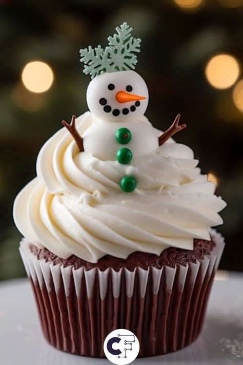 Snowman Cupcake with White Frosting Fluffy White Frosting, Snowman Cupcakes, Winter Treats, Festive Desserts, White Frosting, White Plate, Winter Magic, Themed Cupcakes, Party Drinks