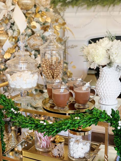 Elegant Hot Chocolate Bar, Holiday Bar Carts, Dry Bar Christmas Decor, Hot Chocolate Cart, Hot Chocolate Bar Cart, Hot Chocolate Bar Decor, Christmas Bars, Hot Chocolate Bar Party, Christmas Bar Cart