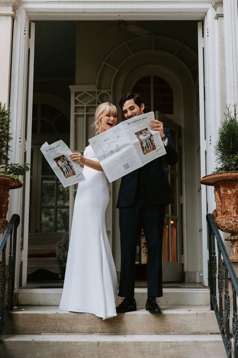 Bride And Groom Newspaper, Wedding Journalism Photography, Newspaper Save The Date Photoshoot, Save The Date Newspaper Photoshoot, Wedding Newspaper Photoshoot, Newspaper Engagement Photos, Wedding Newspaper Ideas, Newspaper Photoshoot, Newspaper Pictures