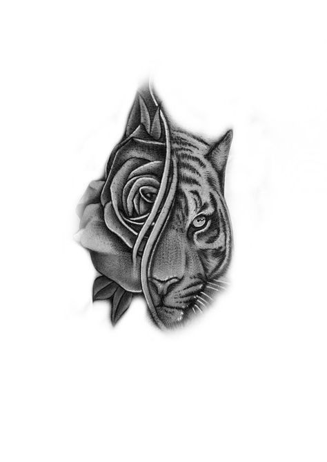 Half Tiger Half Rose Tattoo, Tiger And Rose Tattoo Design, Simple Hand Tats Men, Gangsta Style Drawings, Hand Tatts For Woman, Rose Tiger Tattoo, Rose Hand Tattoo Design, Simple Tiger Tattoo, Tiger Rose Tattoo