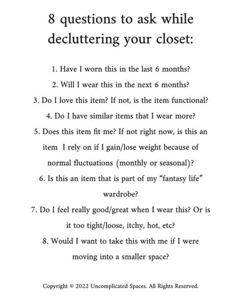 Downsizing Your Closet, Questions To Ask When Decluttering, How To Get Rid Of Clothes Clutter, How To Declutter Your Closet, Minimal Wardrobe Minimalist Closet, Declutter Questions, Closet Clean Out, Clothes Declutter, Declutter Clothes