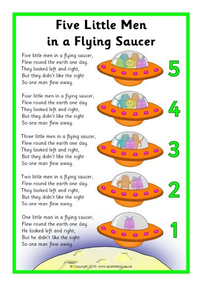 Five Little Men in a Flying Saucer Song Sheet (SB11650) - SparkleBox Space Nursery Rhymes, Number Nursery Rhymes, Space Theme Preschool, Rhymes Lyrics, Nursery Rhymes Lyrics, Transition Songs, Space Week, Space Lessons, Space Preschool