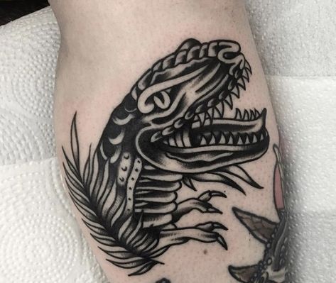 Traditional Dinosaur Tattoo, Dinosaur Tattoo, Dinosaur Tattoos, Traditional Tattoo Design, Tat Ideas, American Traditional, Old School Tattoo, Inspirational Tattoos, Types Of Art