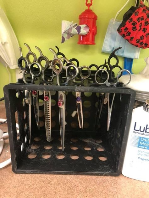 Crate turned on its side to make a holder and organizer for all your sissors! Dog Grooming Tool Organization Ideas, Dog Grooming Tools, Dog Shop, Grooming Tools, Tool Organization, Pet Grooming, Dog Grooming, Storage Organization