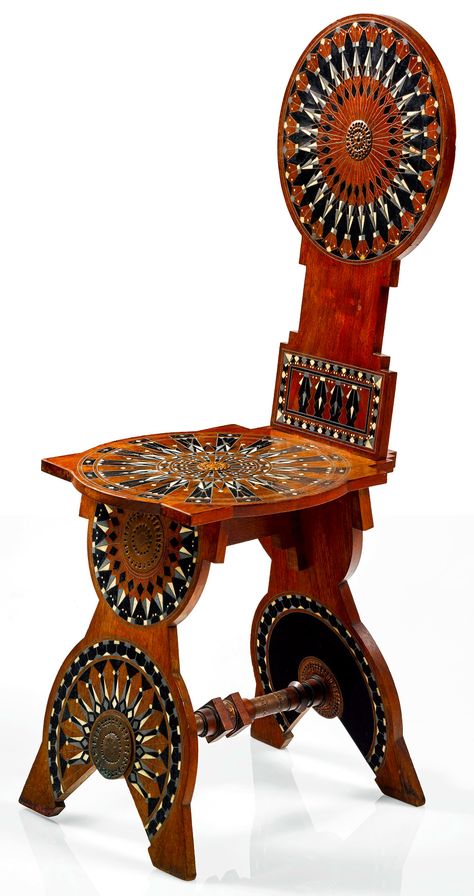 Sgabello (Stool) chair - Carlo Bugatti, circa 1900. Carlo Bugatti, Fret Work, Art Nouveau Furniture, Mosaic Inlay, Kalay, Indian Furniture, Door Design Modern, Fantastic Furniture, Funky Furniture