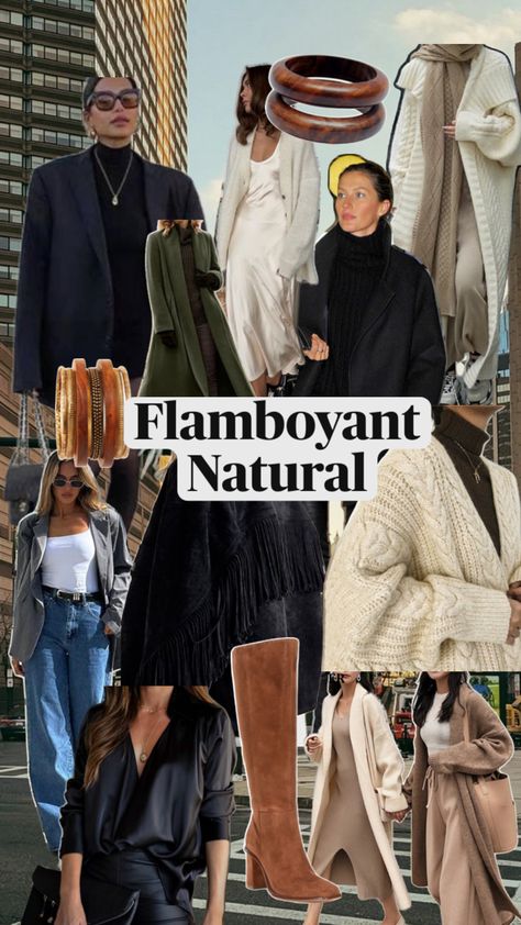 Flamboyant Natural: This type is characterized by relaxed yet dramatic style. Natural Kibbe Body Type, Flamboyant Natural Kibbe, Natural Kibbe, Flamboyant Natural, Dramatic Style, Fall Wear, Fashion Mood Board, Color Analysis, Natural Style