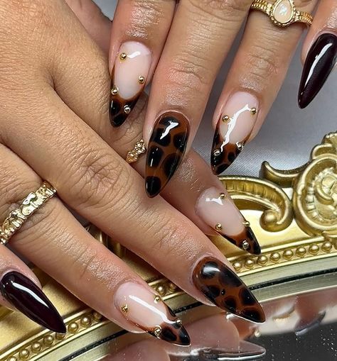 Fall Nails With Pearls, Black Nails With Cheetah Accent Nail, Mocha Brown Nails Design, Dark Cheetah Print Nails, Short Dark Almond Nails, Red And Tortoise Nails, Coffin Leopard Nails, Fall Medium Nails, Turtle Print Nails