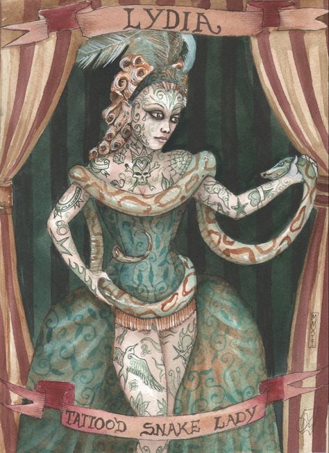 Dominic Murphy | Tattooed Snake Lady Snake Charmer Tattoo, Dominic Murphy, Show Tattoo, Snake Lady, Haunted Circus, Steampunk Circus, Thorpe Park, Alice In Wonderland Artwork, Wonderland Artwork