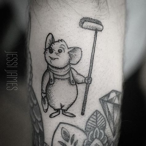 Disney Tattoo Black And Grey, Mouse From Coraline Tattoo, Brother Sister Disney Tattoo, Cinderella Mouse Tattoo, Rescuers Tattoo, Obscure Disney Tattoo, Rescuers Disney, The Rescuers Disney, Disney Sleeve Tattoos