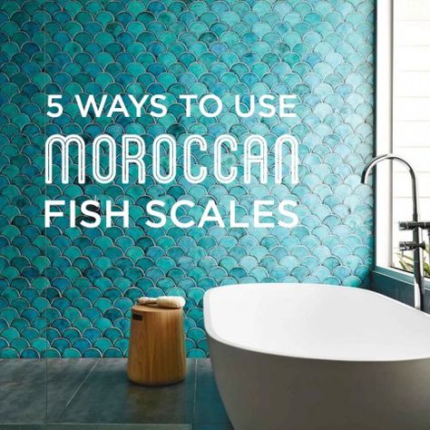 Moroccan Fish Scales are timeless and are very high in demand. We have rounded up some of our favorite inspiration to show you 5 different ways to use Moroccan Fish Scales!    1. Navy Deep Blues  Apartment Therapy Fish Scale Tile Bathroom, Moroccan Fish, Mermaid Tile, Moroccan Fish Scale Tile, Moroccan Fish Scale, Mercury Mosaics, Fish Scale Tile, Artisan Tiles, Handmade Ceramic Tiles