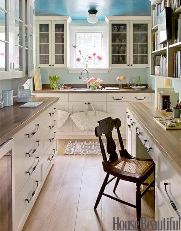 Blue Monday with Murphy Blue Ceiling, Kitchen Blue, Warm Kitchen, Bright Kitchen, Blue Ceilings, Kitchen Remodel Before And After, Galley Kitchen, Butler's Pantry, Painted Ceiling