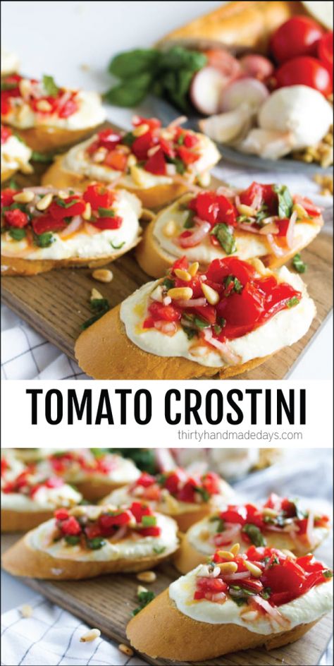 Tomato Crostini with Whipped Feta - this is amaaaaazing! www.thirtyhandmadedays.com Bruschetta Recipe Roasted Tomato, Bruschetta Recipe With Goat Cheese, Tomato Crostini With Whipped Feta, Bruschetta Dinner, Bruschetta Ideas, Bruschetta With Balsamic Glaze, Bruschetta With Goat Cheese, Roasted Tomato Bruschetta, Brushetta Appetizers