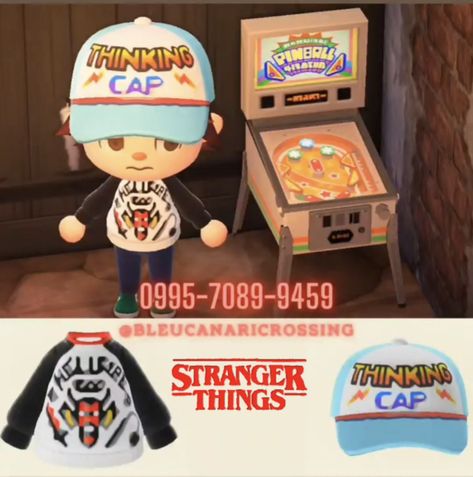 Animal Crossing Stranger Things, Acnh Stranger Things, Animal Crossing Town Tune, Acnh Patterns, Thinking Cap, Acnh Clothes, Animal Crossing Qr Codes Clothes, Animal Crossing Characters, Stranger Things 4