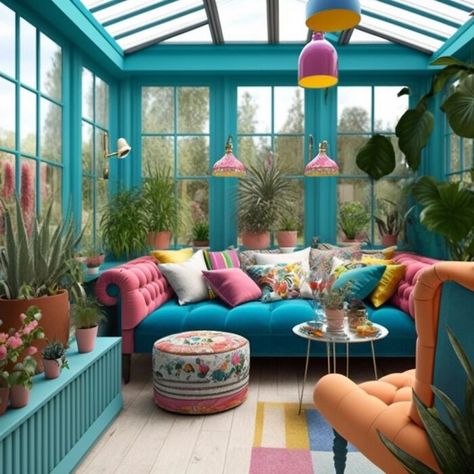 Hippy Conservatory, Maximalist Conservatory, Funky Conservatory Ideas, Painted Conservatory Interior, Bright Sunroom Ideas, Conservatory Paint Ideas, Boho Conservatory Decor, Colourful Conservatory Decor, Encanto Themed Bedroom