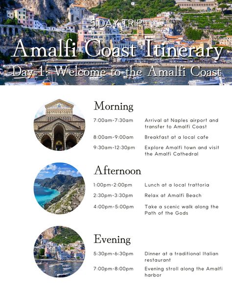 Embark on a breathtaking journey through the Amalfi Coast with our beautifully designed, customizable 5-Day Amalfi Coast Itinerary Canva Template. This easy-to-use and visually appealing template will guide you through the stunning coastal towns, hidden gems, and unforgettable experiences of this Italian paradise. Whether you're a first-time visitor or a seasoned traveler, this itinerary will help you make the most of your Amalfi Coast adventure. What's included: * A detailed 5-day itinerary with suggested timings, covering major attractions like Positano, Amalfi, Ravello, and Capri, as well as lesser-known spots to explore * High-quality images for each destination, giving you a glimpse of the Amalfi Coast's beauty and charm * Customizable text, colors, and layout to match your style and Amalfi Itinerary, Almafi Coast Italy, Amalfi Beach, Italy Amalfi Coast, Italy Coast, Amalfi Coast Itinerary, Path Of The Gods, Amalfi Coast Italy, The Amalfi Coast