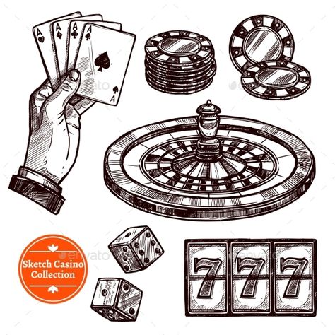 Hand drawn sketch casino collection with roulette cards chips jackpot dice elements vector illustration. Editable EPS and Render i Casino Drawing, Casino Illustration, Casino Tattoo, Drawing Heart, Gambling Machines, Theme Tattoo, Gambling Cake, Gambling Tattoo, Gambling Quotes