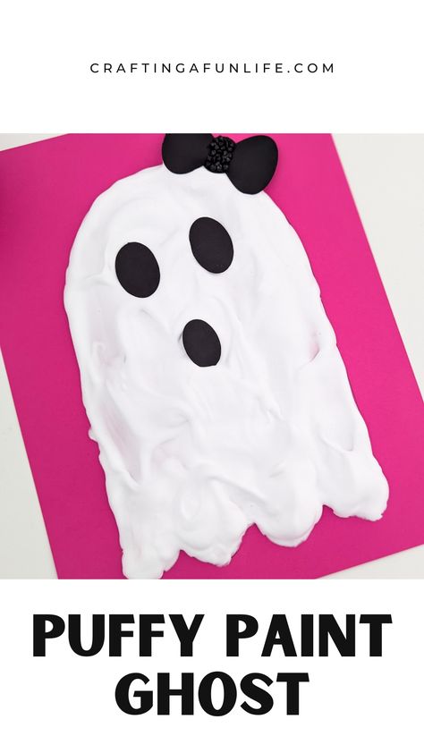 Create a ghost for Halloween using white liquid glue and foam shaving cream. DIY puffy paint ghost craft to celebrate Halloween at home or school. Preschool craft for Halloween. Ghost Art Activities For Preschool, Easy Ghost Craft Preschool, Ghost Craft For Toddlers, Halloween Puffy Paint, Ghost Toddler Craft, Ghost Activities For Toddlers, Puffy Ghost Craft, Toddler Ghost Craft, Ghost Art For Kids