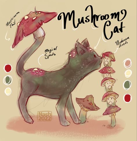 Mushroom Cat Painting, Cottagecore Cat Drawing, Cat And Mushroom Drawing, Cat With Mushroom Hat Drawing, Mushroom Dog Art, Mushroom Animals Drawing, Mushroom Animal Art, Mushroom Girlfriends Drawing, Cute Mushroom Drawing Aesthetic