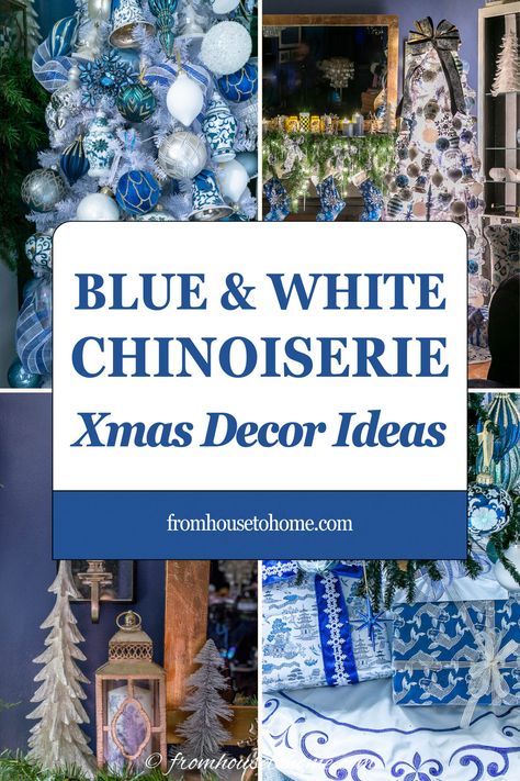 blue and white Chinoiserie Christmas decor ideas Blue Xmas Decorating Ideas, Blue And White Chinoiserie Christmas, Chinoiserie Christmas Decor, Xmas Decor Ideas, Blue Willow Decor, Diy Chinoiserie, Chinoiserie Christmas Tree, Blue And White Christmas, Blue Christmas Ornaments