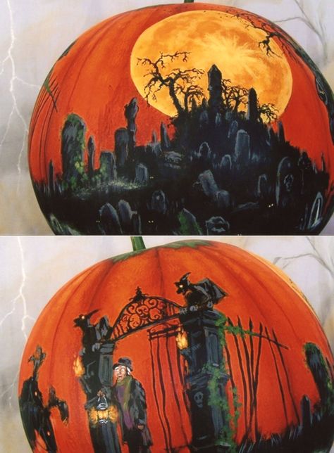 Cemetery Pumpkin Painting, Pumpkin Inspo, Halloween Scenes, Pumpkin Paint, Nightmare Before Christmas Pumpkin, Fall Gourds, Halloween Pumpkin Crafts, Creative Pumpkin Painting, Creative Pumpkin Decorating