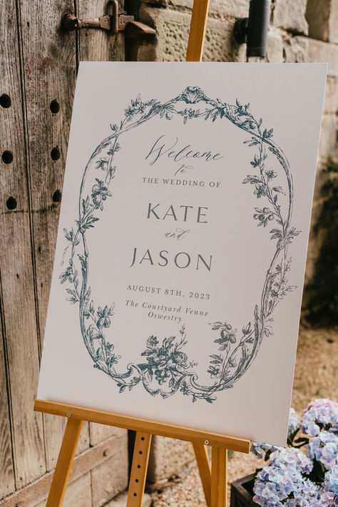 Blue and white classic wedding welcome sign | wedding signage | wedding sign | wedding decor | black tie classic country house wedding | Jessica Hopwood Photography Vintage Italian Wedding, Rustic Wedding Signage, Classic Romantic Wedding, Wedding Welcome Board, Entry Signs, Rustic Wedding Signs, Engagement Decorations, Classy Wedding, Wedding Welcome Signs