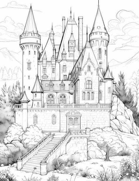 Realistic princess castle coloring page Castle Drawing Sketches Design Reference, Simple Castle Drawing, Medieval Castle Drawing, Fantasy Castle Drawing, Draw Castle, Castle Drawings, Illustration Castle, Mandala Coloring Pages For Adults, Castle Sketch