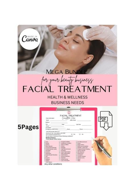 Facial Consultation Form, Client Intake Form,Editable Esthetician Templates, Printable Skincare Consent Forms, Facial Consultation Form Printable Skincare, Esthetician Templates, Client Intake Form, Intake Form, Consent Forms, Polycystic Ovaries, Wellness Business, Medical History, Printing Business