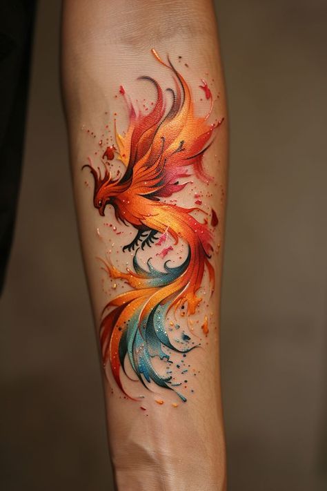 Phoenix Tattoo Design Colored, Purple Phoenix Tattoo, Tattoo Greek Symbol, Pheonix Tattoo For Women On Arm, Phoenix Feather Tattoo Feminine, Gold Dragon Tattoo, Watercolour Tattoo For Women, Japanese Phoenix Tattoo Design, Colored Dragon Tattoo