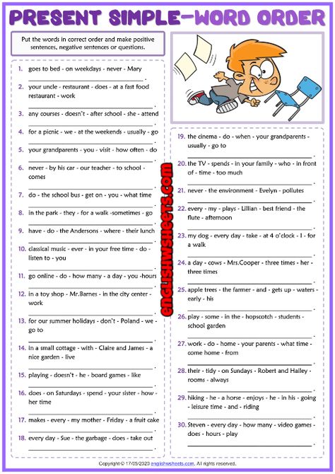 Put The Sentences In Order, Present Simple Worksheets English Grammar, Simple Present Tense Questions, Sentence Construction Worksheets, Make Sentences Worksheet, Simple Tenses Worksheets, Word Order Worksheets, Present Simple Tense Worksheet, Word Order In Sentences