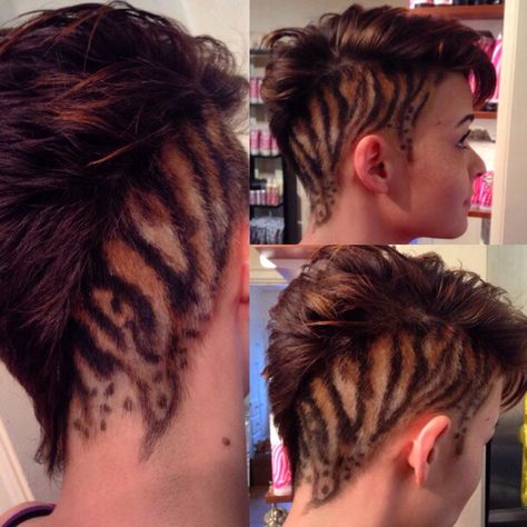 Hand painted tiger stripes done by grayling Tiger Stripe Hair, Tiger Hairstyle, Tiger Stripe Tattoo, Tiger Stripes Hair, Stripe Tattoo, Hair Tattoos, Tiger Stripes, Boys Haircuts, Color Tattoo