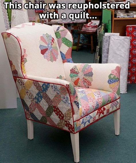 Patchwork Furniture, Patchwork Chair, Quilts Decor, Quilting Room, Upholstered Chair, Old Quilts, Colorful Quilts, My Sewing Room, Sewing Rooms