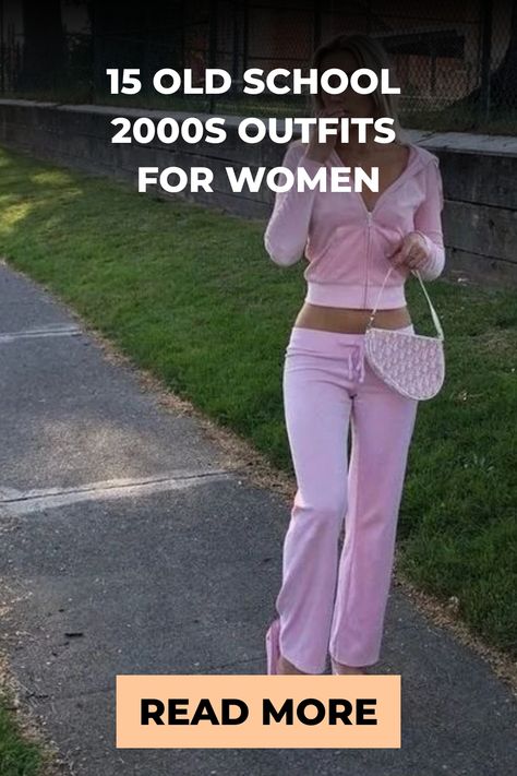 Woman in early 2000s style outfit including pink tracksuit and small handbag, with a call-to-action to read more about old school fashion. 99 Fashion Outfits, 2000fashion Outfits, Late 1990s Fashion Early 2000s, 2001 Outfit Ideas, Women Y2k Outfits, 1999-2000 Outfit Ideas, 2000 Iconic Outfits, 2000s Teacher Outfits, 2004 Outfits Aesthetic