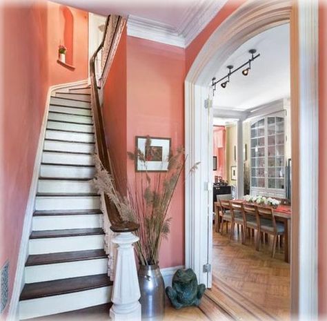 Come to #Janovic for all of your painting needs. We are the color authority. Follow us on twitter @JanovicNYC or on facebook for exclusive deals. Hallway Paint Colors, Hallway Paint, Hallway Colours, Traditional Staircase, Coral Walls, Interior House Colors, Bedroom Paint Colors, Bedroom Paint, Entry Foyer