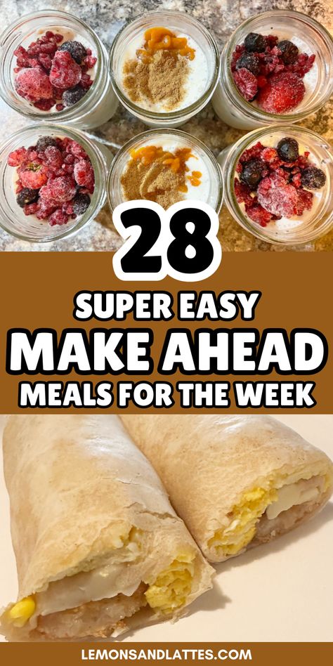 Are you all out of dinner ideas? Freezer meals and meal prep can be a huge time saver. Here are 28 super easy make ahead meals for the week! Individual Make Ahead Freezer Meals, Make Ahead Oven Meals, Meals You Can Prepare Ahead, Sunday Meal Prep For The Week Family, No Reheat Meal Prep, Easy Prep Ahead Dinners, Individual Freezer Meals For One, Meal Prep For Seniors, Make Ahead Meals For The Week