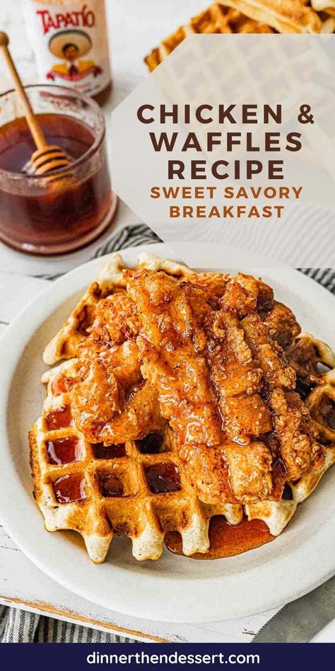 Chicken and Waffles is the ultimate sweet and savory combination of fluffy Belgian waffles and crispy fried chicken topped with hot honey. Pancakes And Chicken, Waffle And Chicken Recipes, Waffle With Chicken, Fried Chicken Waffles, Waffle And Chicken, Ground Chicken Waffles, Waffle Chicken, Homemade Chicken And Waffles, Waffles And Chicken