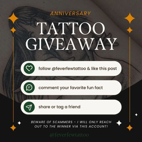 ✨ANNIVERSARY GIVEAWAY✨ hiiiii besties! can u believe i did my first tattoo on skin a whole year ago today?? this has all truly been a dream come true for me, and i know it’s just getting started thanks to y’all 🖤 to say thank you for all the support this past year, one winner will get a free custom session (up to 5hrs) with me!! to enter: ✨ make sure you’re following me! ✨ like this post and comment a fun fact u love - something about yourself, something u think is cool or weird, whatever... Tattoo Giveaway Post, Tattoo Giveaway, Anniversary Tattoo, Giveaway Post, Insta Ideas, Year One, Something About You, A Dream Come True, First Tattoo