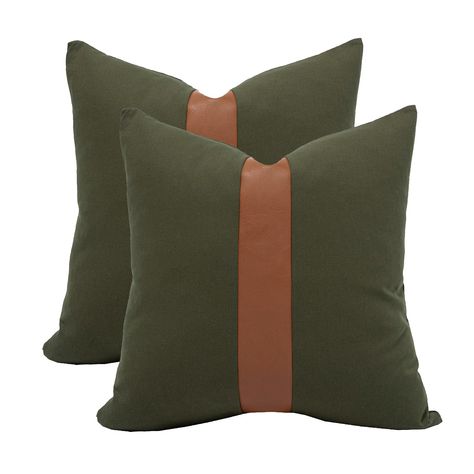 PRICES MAY VARY. Faux Leather + Cotton DURABLE MATERIAL- Double-sided design. Both sides are made of durable cotton and high quality vegan faux leather accent, comfortable and super great touch. Packaged included pack of 2 accent throw pillow covers 18x18 Inch / 45x45 cm. Covers ONLY , NOT include insert. CHIC DESIGN - The combination of moss green and brown makes the pillowcase stylish and elegant. Faux leather stripe stitching adds an element of class. This farmhosue pillow covers combines mod