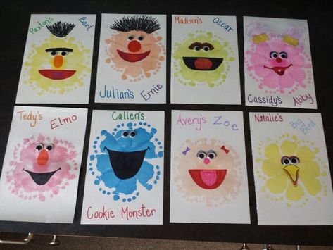 Sesame Street footprint art.  Kids pick their favorite character and paint it!  Great daycare, preschool, pre-K, or K-1 activity.  Great variety, color, and recognizable characters! Sesame Street Crafts For Infants, Sesame Street Crafts, Infant Art, Print Crafts, Infant Room, Infant Classroom, Footprint Crafts, Baby Art Projects, Footprint Art