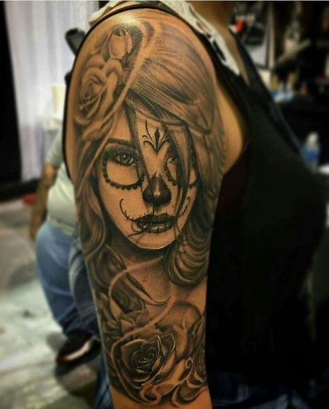 Skull Woman Tattoo, Arm Tattoos For Women Sleeve, Tattoos For Women Sleeve, Upper Arm Tattoos For Women, Half Sleeve Tattoos Lower Arm, Easy Half Sleeve Tattoos, Sugar Tattoo, Sugar Skull Girl Tattoo, Skull Woman