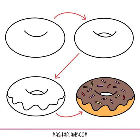 Simple Donut Drawing, How To Kawaii Drawings, How To Draw Desserts, Easy Birthday Doodles, Pretzel Drawing, Easy Cute Doodles, Donut Doodle, Cute Doodles To Draw, Donut Drawing Easy