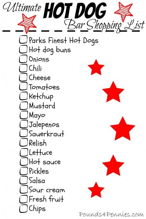 How to create a Hot Dog Bar with FREE Shopping list printable. Easy party idea for 4th of July. Independence Day Party idea. Take this to the store and you are done. Coney Bar Ideas, Hot Dog Bar Printables, Hot Dog Bar Ideas, Backyard Bbq Party Food, Backyard Bbq Birthday Party, Backyard Party Food, Hot Dog Party, Backyard Bbq Wedding, Bbq Birthday Party