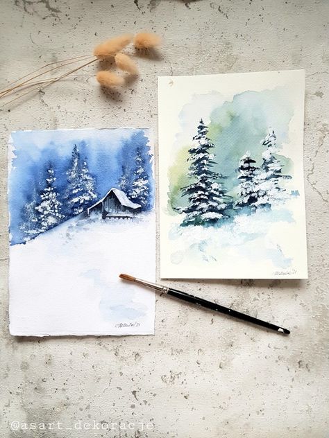 Winter Watercolor Simple, Watercolor Christmas Art, Hand Painted Christmas Cards, Baby Christmas Card, Holiday Watercolor, Painted Christmas Cards, Learn Watercolor Painting, Winter Landscape Painting, Watercolour Landscape