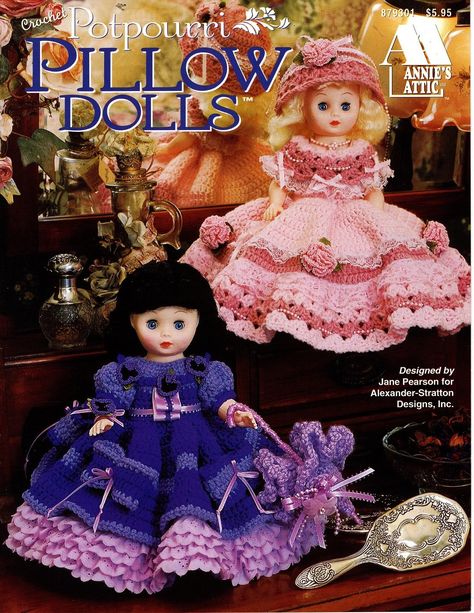 Crochet+Potpourri+Pillow+Dolls+Patterns+-+Annie's+Attic+879301 Crochet Lilac, Bed Dolls, Crochet Bed, Crochet Doll Clothes Patterns, Annie's Crochet, Indian Dolls, Heart Party, Vintage Crochet Pattern, Crochet Vintage