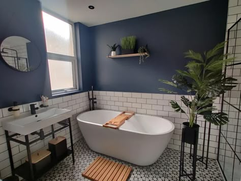 White Tiles Black Grout, Blue Bathroom Paint, Love Bedroom, Dark Blue Bathrooms, Vintage Bathroom Ideas, Victorian Terrace House, Small Bathroom Interior, New Bathroom Ideas, White Bathroom Tiles