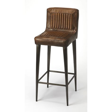 Butler Specialty Company Butler Maxwell Leather Bar Stool 4347344 | Bellacor Modern Industrial Living Room Ideas, Bedroom Furniture Colors, Hide Furniture, Brown Leather Bar Stools, Rack Industrial, Brown Bar Stools, Speakeasy Bar, Furniture Colors, Bar Stools With Backs