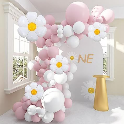 Baby First Birthday Themes, Baby Shower Balloon Decorations, Flower Birthday Party, Daisy Party, First Birthday Party Decorations, 1st Birthday Party Themes, Balloon Flowers, Arch Kit, Pink Balloons