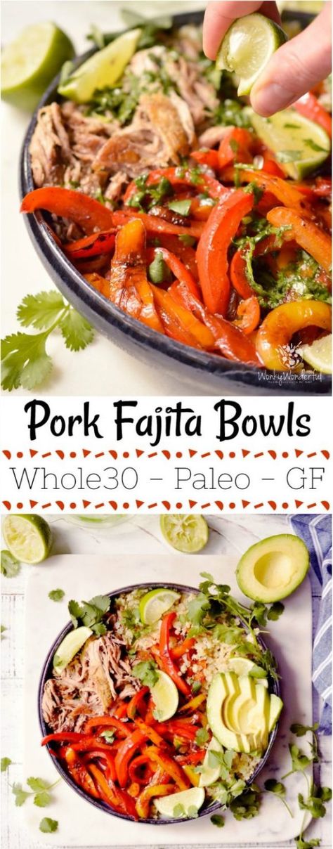 paleo pork fajita bowls pinnable image Slow Cooker Shredded Pork, Shredded Pork Recipes, Pork Fajitas, Paleo Pork, Pork Salad, Fajita Bowls, Cilantro Lime Dressing, Paleo Crockpot, Pulled Pork Recipes