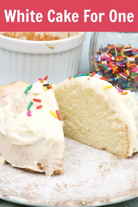 Satisfy your sweet tooth with this easy, single serving White Cake recipe. Indulge in a moist, tender, and vanilla flavored treat just for you! | One Dish Kitchen Small Batch Cooking Meals, Small Batch Cake Recipes, One Serving Desserts, Small White Cake, Easy White Cake, Easy Single Serve Desserts, Single Serving Cake, Cooking For One Recipes, Single Serving Desserts