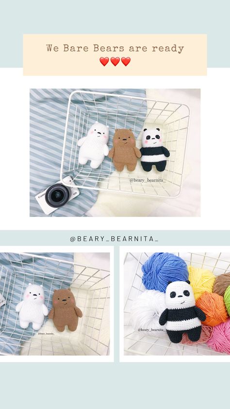 We Bare Bears free pattern Crochet Bracelet Patterns, Bear Patterns Free, Crochet Cat Pattern, Bear Crochet, Pola Amigurumi, Crochet Animals Free Patterns, Crochet Teddy Bear, Kawaii Crochet, Patterns Design